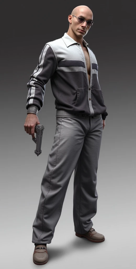 cyberpunk,Concept art,standing figure painting,science fiction characters,1boy,solo,male focus,gloves,grey background,black gloves,simple background,jacket,standing,full body,shoes,white jacket,sneakers,grey hair,necklace,jewelry,goggles,facial hair,shorts,<lora:kehuanrenwu:0.8>,