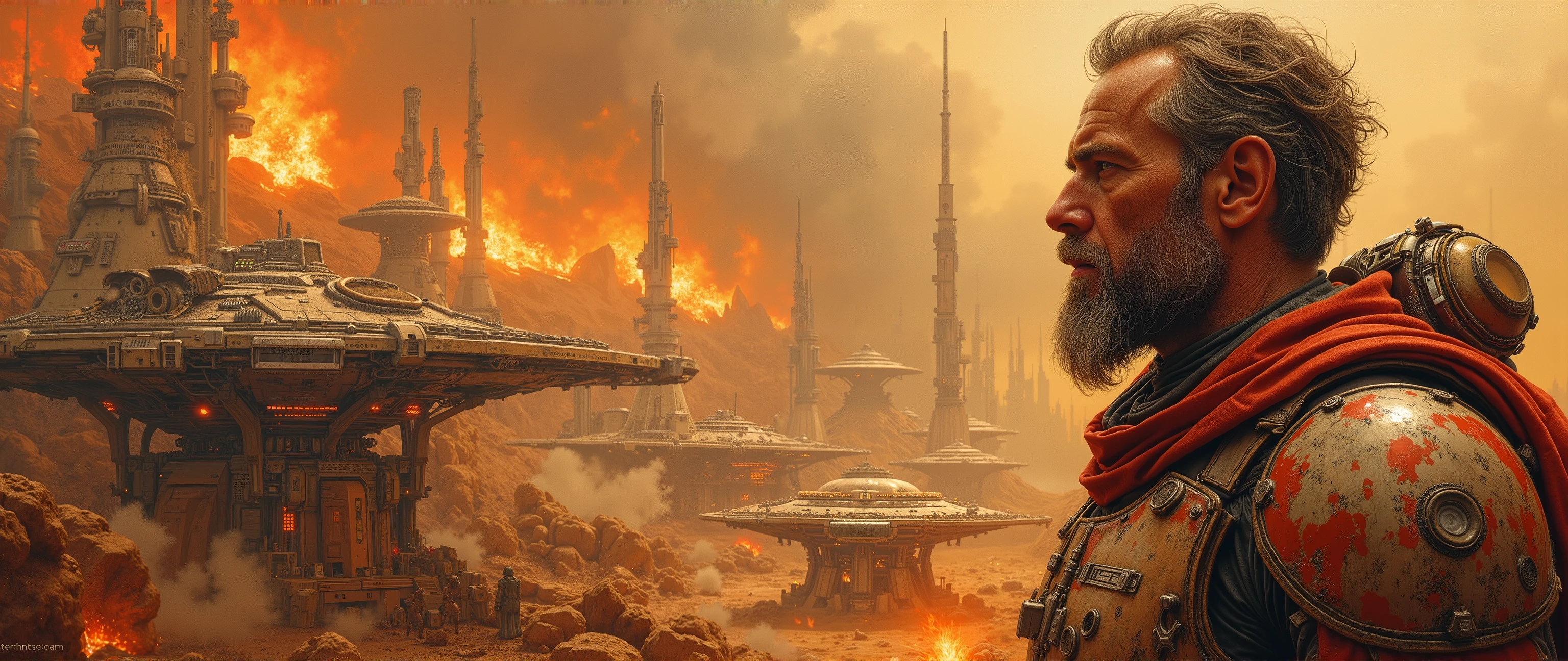 epic oil painting , 16 thousand., photo quality, The fantasy zone , scrupulous drawing of all the little details, 10000 years , — a very futuristic landscape with fantastic warriors and rymen , , incredible detail with thousands of small details , , a powerful veteran ry warrior in incredibly high-tech armor, the combat uniform of the future, watches the burning battlefield without a helmet , John Lucas Star Wars Universe , , all accents on the veteran's face close-up, all the scars and wrinkles of a battle-hardened warrior are visible on his face