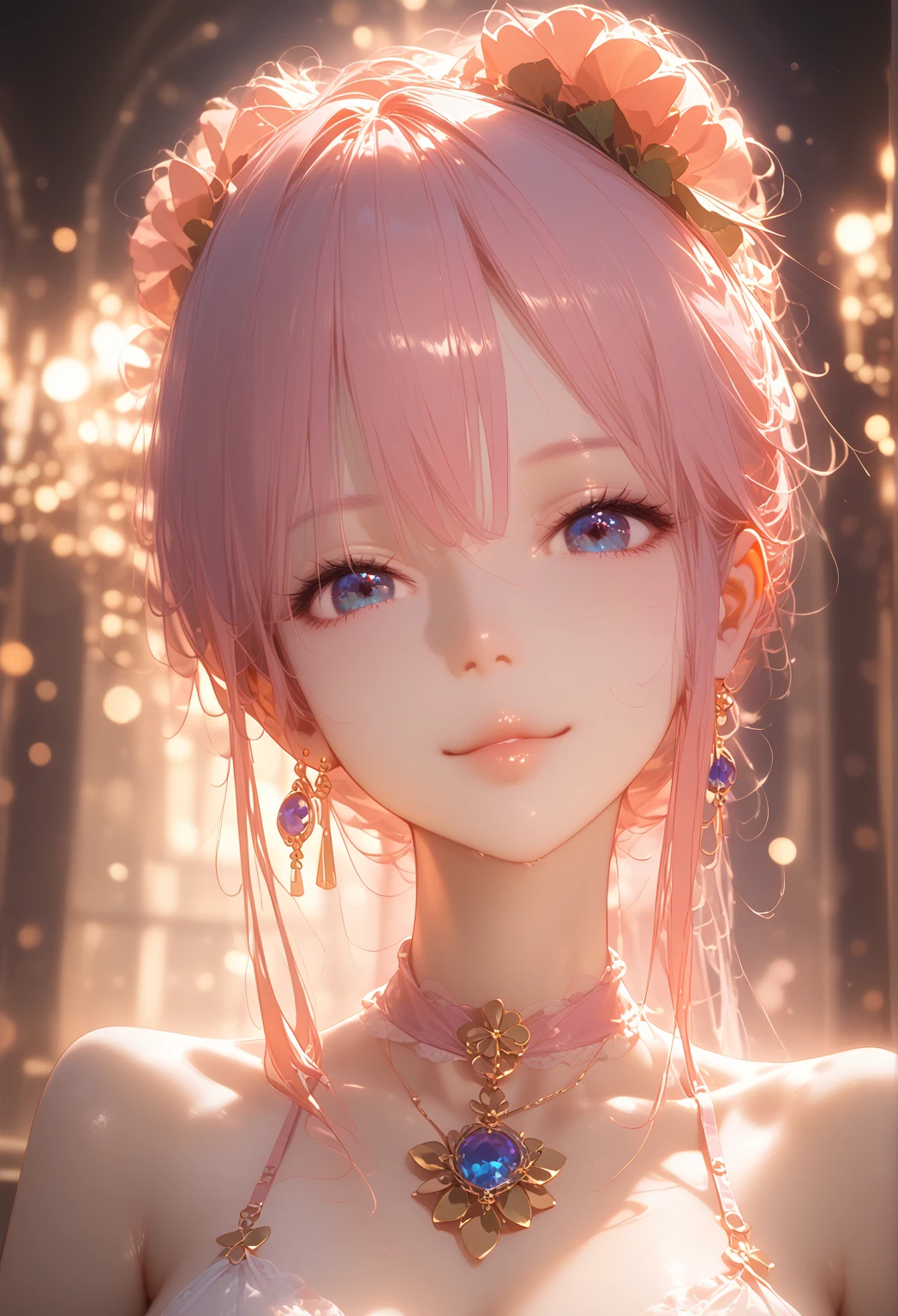 (masterpiece, best quality), intricate details, thin, ((slim)), beautiful girl, Light pink hair, white skin, light purple eyes, sharp jawline, cropped jacket, messy hair, lips, upper body, close up, smirk、露出乳房,全身显示,全身显示,巨大的胸部、