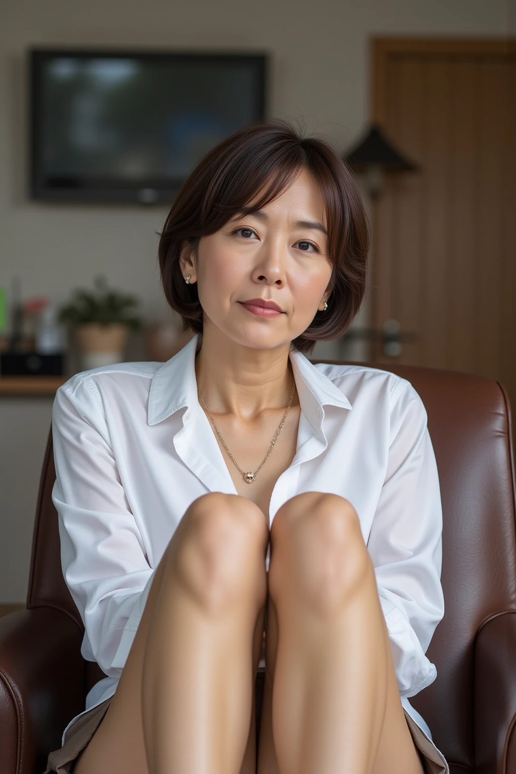 milf, the pose, japanese, shop clerk uniform, mini skirt, on a bright bedroom, soft lighting, ((Photorealsitic:1.4)), ((Spread your legs)), ((beautiful face))