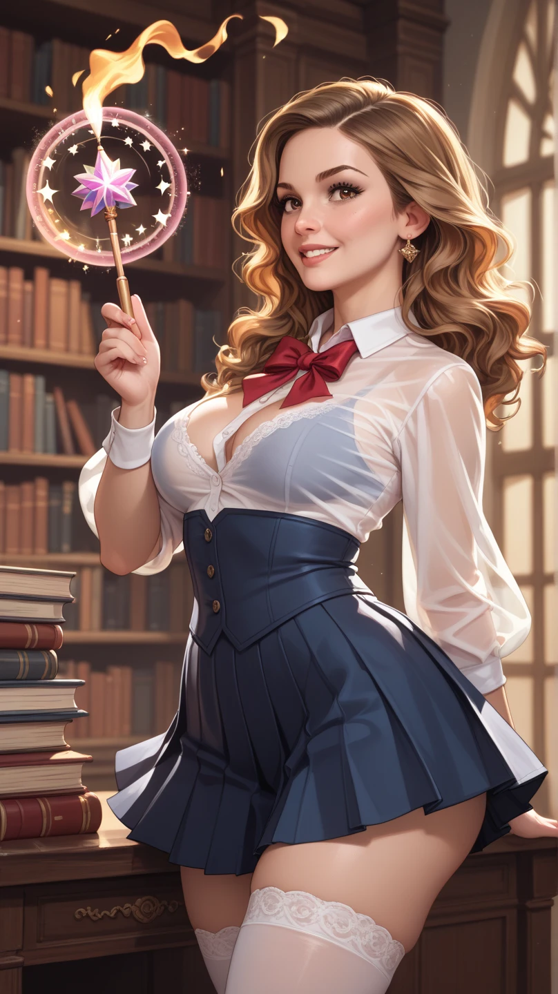 (highly realistic), (global illumination), (ray tracing), ((Gil Elvgren)), (illustrated style), ((highly detailed faces)), (8k resolution), pale blue eyes, (hyper realistic), (photorealistic: 1.4), cute librarian with hair tied in a bun, library, beautiful, green pencil skirt, white ruffled silk blouse