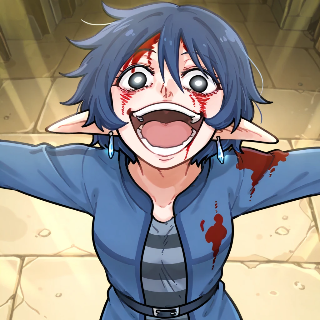 1 girl, solo, Kota, blue hair, black eyes, pointy ears, short hair, / jewelry, earrings,good quality eyes, hair between eyes,\BREAK
gojoendef, crazy eyes, crazy smile,
looking at viewer, smiling, open mouth, upper body, teeth, tongue, blood, outstretched arms, blood on face, blood on clothes,