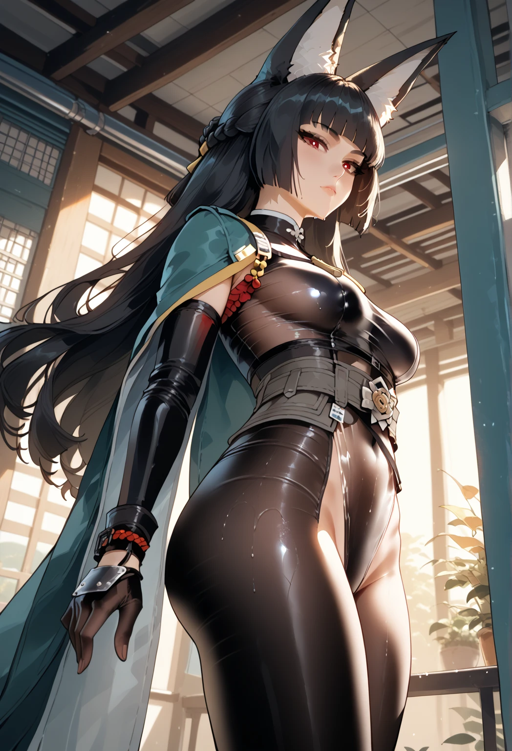 professional artwork, Intricate Details, field of view, sharp focus, detailed painting, photorealistic lighting, trending on pixiv, Standing at attention, black outfit ,yellow collared shirt,black and red bodysuit,skin_tight,black legwear, black pantyhose, Side_boob, black hair,very long hair, Bangs,yellow eyes,makeup, lipstick, 20yo,mature female,Beautiful Finger,Beautiful long legs,Beautiful body,Beautiful Nose,Beautiful character design, perfect eyes, perfect face, looking at viewer,official art,extremely detailed CG unreal engine 8k wallpaper, perfect lighting,Colorful, Bright_Front_face_Lighting, (masterpiece:1.0),(best_quality:1.0), ultra high res,4K,ultra-detailed, photography, 8K, HDR, highres, absurdres:1.2, Kodak portra 400, film grain, blurry background, (Beautiful,large_Breasts:1.4), (beautiful_face:1.5),(narrow_waist), (solo:1.4), ((landscape dimension)), rich detailed makeup, rich detailed eyeshadow, rich detailed lips, rich detailed lipstick