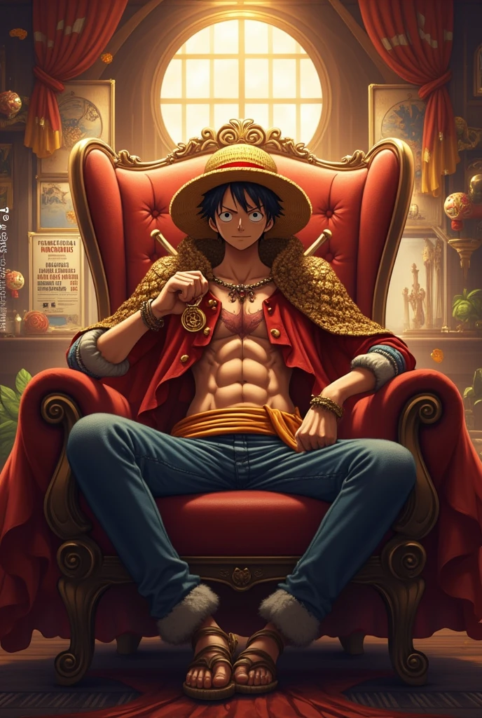 anime one piece sitting on a throne with a hat on, luffy (one piece, monkey d. luffy, luffy, luffy from one piece, monkey d luffy, portrait of luffy from one piece, king of pirates, inspired by Eiichiro Oda, badass anime 8 k, from one piece, anime wallaper, 4k anime wallpaper, one piece style