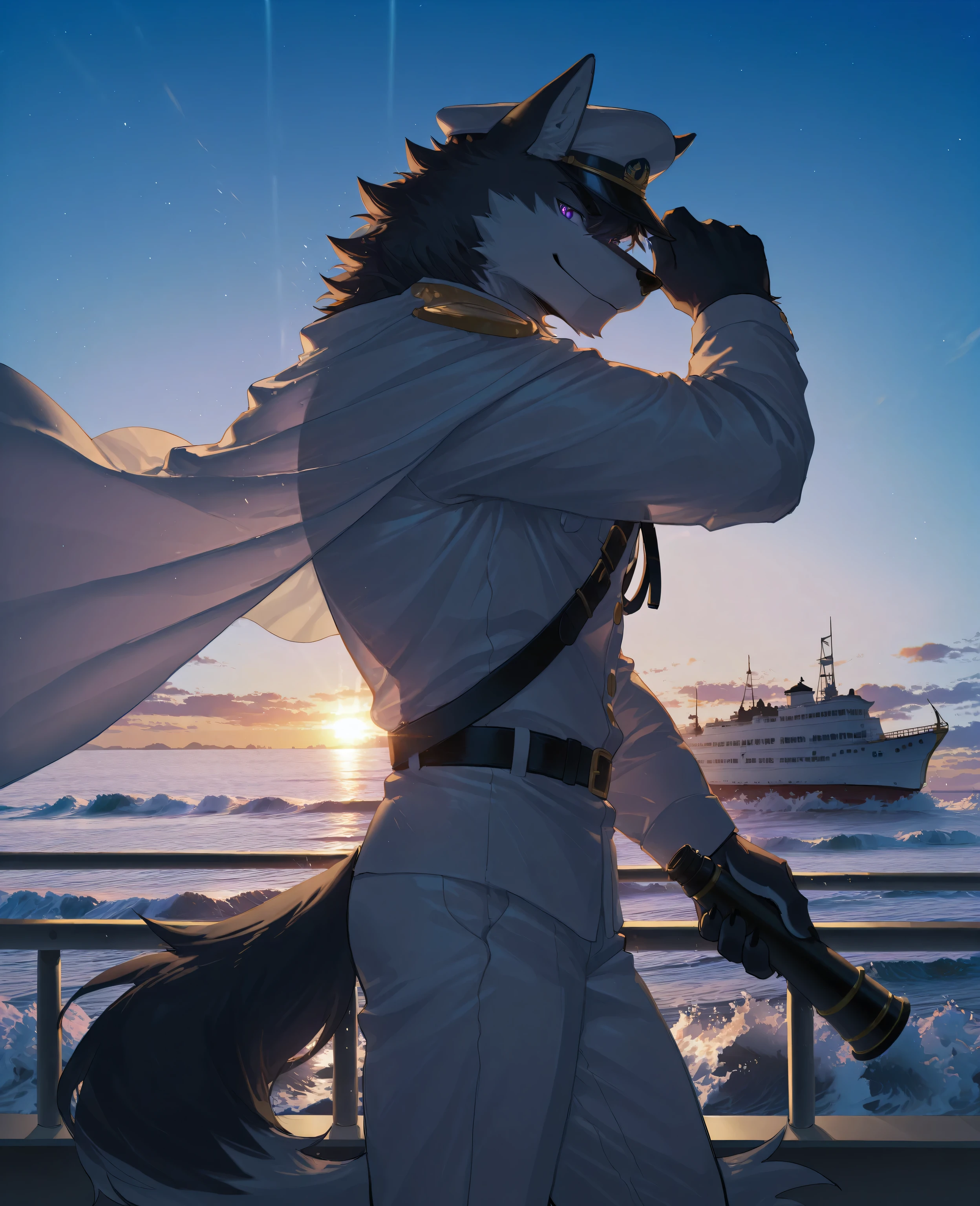 sfw,1boy,solo,male focus,furry male,furry,anthro,(slender muscle:0.2),(black wolf),(black fur:1.5,two-tone body,),(black hair,short hair),black eyebrow,(detailed eyes,violet eyes,detailed pupils),snout,animal ears,wolf ears,wolf tail,(muscular:0.3),(out side,on steamship,waves,wind,blue sky),absurdres,standing on deck,holding telescope,cool pose,(captain uniform,white shirt,white cape,white pants,shoulder board,cap),(peaceful face,smile),absolute_territory,cowboy_shot,from_side,see-through_silhouette,looking_at_viewer,sunset glow,break,masterpiece,highres,amazing quality,best quality,newest,break,((lindong:0.8),(by null-ghost:0.8),huashijw,(asteroid_ill:0.8),(smile \(qd4nsvik\):0.9),(wolftapioca:0.3),(chunie:0.5),cg,highres)),sfw