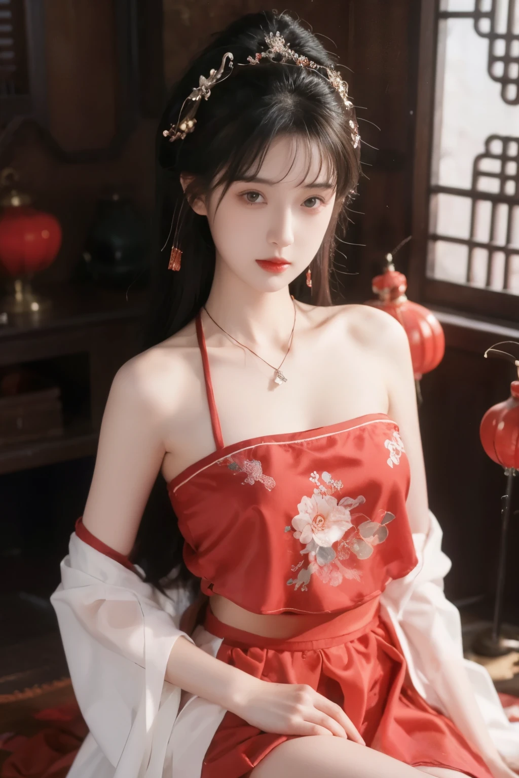 is the best quality, masterpiece, High Aims, 1 girl, Beautiful red Hanfu, Hair ornaments, necklace, ornament, pretty face, When the body, Tyndell effect, Realistic portrait, Dark Studio , Edge lighting, Bicolor Light , (very delicate skin:1.2), 8,000 uhd, digital SLR camera, Soft Light, High quality, Volumetric Lighting, Honest, photo, Hi-res, 4K, 8,000, Bokeh, dark hair,PINK HAIR TIPS, pink eyes.1 girl, skirt, Hair accessories , red skirt, alone, Chinese clothing , long hair, Sitting, now l polish {x} bare shoulders, window, brown hair, OK, interior, dark hair,