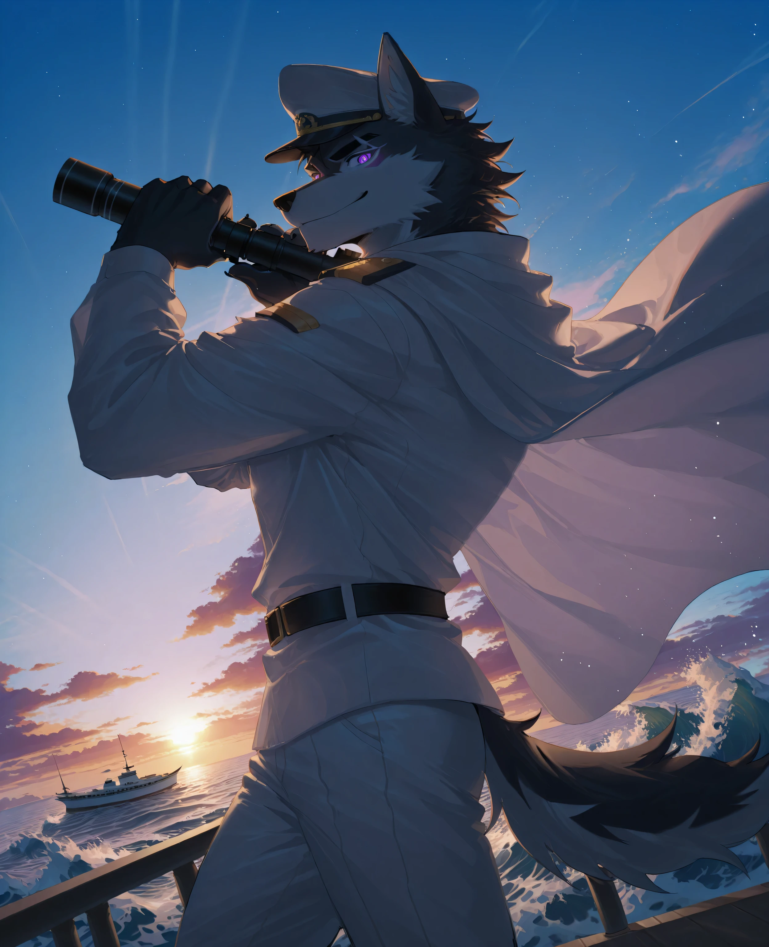 sfw,1boy,solo,male focus,furry male,furry,anthro,(slender muscle:0.2),(black wolf),(black fur:1.5,two-tone body,),(black hair,short hair),black eyebrow,(detailed eyes,violet eyes,detailed pupils),snout,animal ears,wolf ears,wolf tail,(muscular:0.3),(out side,on steamship,waves,wind,blue sky),absurdres,standing on deck,holding telescope,cool pose,(captain uniform,white shirt,white cape,white pants,shoulder board,cap),(peaceful face,smile),absolute_territory,cowboy_shot,from_side,see-through_silhouette,looking_at_viewer,sunset glow,break,masterpiece,highres,amazing quality,best quality,newest,break,((lindong:0.8),(by null-ghost:0.8),huashijw,(asteroid_ill:0.8),(smile \(qd4nsvik\):0.9),(wolftapioca:0.3),(chunie:0.5),cg,highres)),sfw