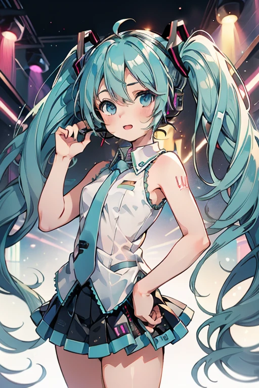 14 year old girl, Green long-haired, twin tails, Hatsune Miku, accurate hands, white sleeveless outfit, mini skirt, enchanting smile, She pulls up her skirt, Skirt flip, She shows her panties, White and light blue striped panties, summer night sky, outdoor, meteor shower, no moon, looking up at the sky, Perspective from the ground, Looking up from the ground, 