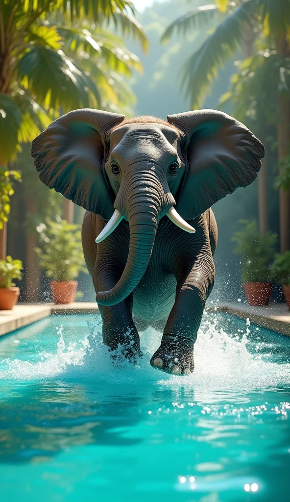 An elephant swimming in a pool with a float