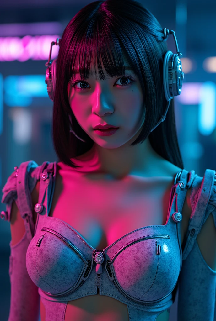 gundamwingcockpit, futuristic, scifi, plugsuit, transparent latex, goth, dark lips, large breasts, solo, black hair, gloves, g0thicPXL, dutch angle, smirk, controls, joystick, holographic interface, technology, close up, glowing, neon