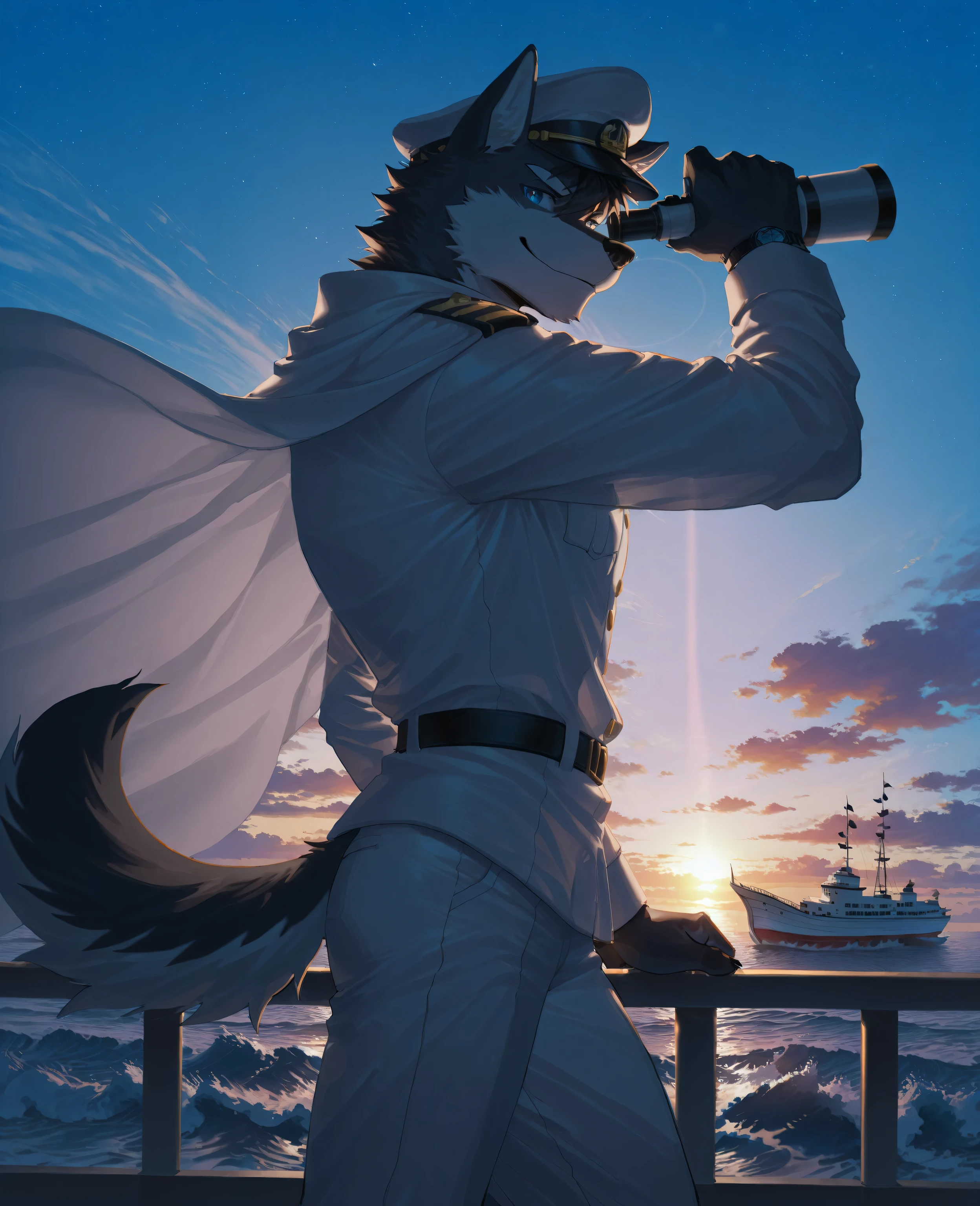sfw,1boy,solo,male focus,furry male,furry,anthro,(slender muscle:0.2),( dog),(black fur:1.5,two-tone body,),(black hair,short hair),black eyebrow,(detailed eyes,blue eyes,detailed pupils),snout,animal ears,dog ears,dog tail,(muscular:0.3),(out side,on steamship,waves,wind,blue sky),absurdres,standing on deck,holding telescope,cool pose,(captain uniform,white shirt,white cape,white pants,shoulder board,cap),(peaceful face,smile),absolute_territory,cowboy_shot,from_side,see-through_silhouette,looking_at_viewer,sunset glow,break,masterpiece,highres,amazing quality,best quality,newest,break,((lindong:0.8),(by null-ghost:0.8),huashijw,(asteroid_ill:0.8),(smile \(qd4nsvik\):0.9),(wolftapioca:0.3),(chunie:0.5),cg,highres)),sfw