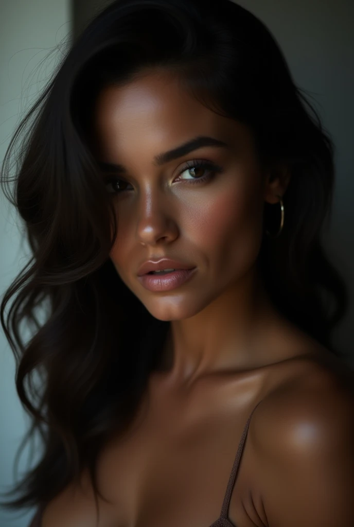 beautiful detailed woman, beautiful detailed eyes, beautiful detailed lips, extremely detailed face, 1girl, no bra, sensual expression, seductive look, looking at viewer, erotic pose, elegant, graceful, charming, (best quality,4k,8k,highres, masterpiece:1.2),ultra-detailed,(realistic,photorealistic,photo-realistic:1.37),chiaroscuro lighting,dramatic lighting,cinematic lighting,dramatic colors,vibrant colors,dark moody colors,latina