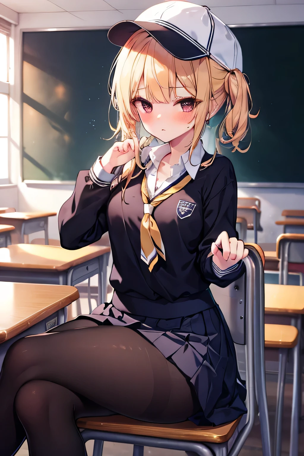 chica, sports cap, sitting on a chair, crossing her legs, school background, school background(classroom), complete anatomy, school uniform, tie, shirt, skirt, pantyhose, blush, first person, Charm, underwear, great body.