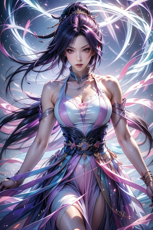best quality, masterpiece, Ultra-high resolution, (Real photos: 1.4), night,Flowers on the other side (background), 20 years old, Bana goddess (Japanese Girls), Long hair with a shawl, Cold eyes, Sexy body, Big breasts, Wearing the Biantan flower strapless dress, Walking among the flowers on the other side,Small river