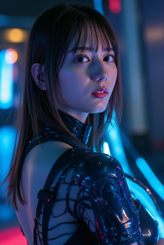 (masterpiece), best quality, ultra high res, close up, slim body, 1girl,, long hair, laughing, ramen, night, Tokyo restaurant background, colorful lights, photon mapping, radiosity, physically-based rendering, cinematic lighting, intricate, High Detail, Sharp focus, dramatic, photorealistic