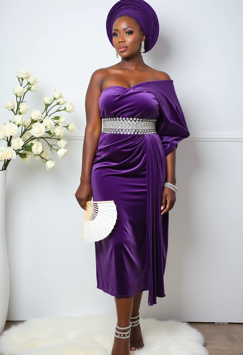 There is a Black woman standing anime style, cartoon style, in a purple dress on a tiled floor, Wearing a flowing dress, usando um vestido longo, vestido roxo, wearing a summer dress, tiradas em 2022, imagem de corpo inteiro, cabelo cacheado, pele negra,roupa roxa, vestido em um vestido roxo, vestido de roxo, em torno de 1 9 anos, ultra realistic, 8k, Fotografia tirada em 2 0 2 0