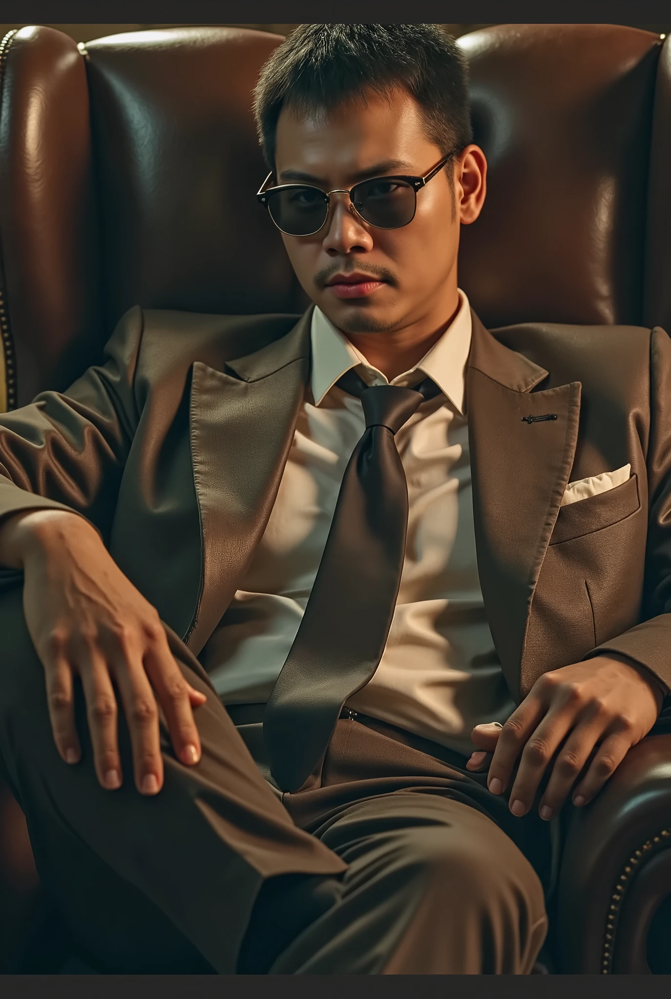Thai man in a brown and gold suit, wearing black glasses, sitting on a brown sofa, dark tone, dramatic movie-like image.
