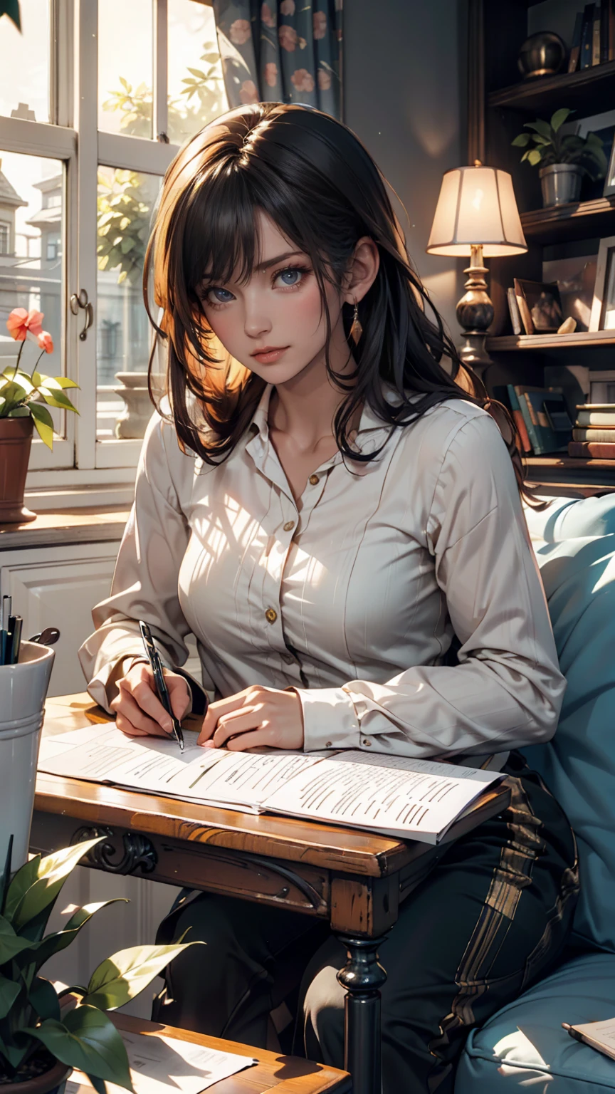 A female scientist who reads poetry in the laboratory with blue feather earrings in one ear Oil painting style French intellectual woman Highly educated Smart masterpiece High quality Extremely real light and shadow Serious
