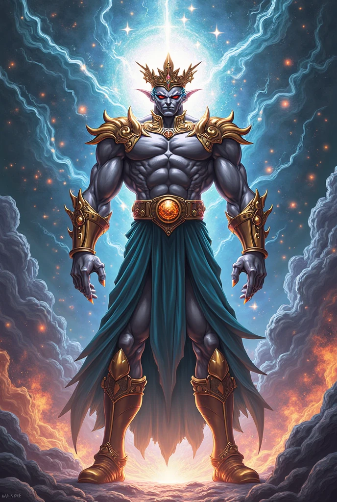 Draw a muscular God with 4 arms, Dark purple skin with gold bracelets and a red ball necklace with white pants and an orange aura around him