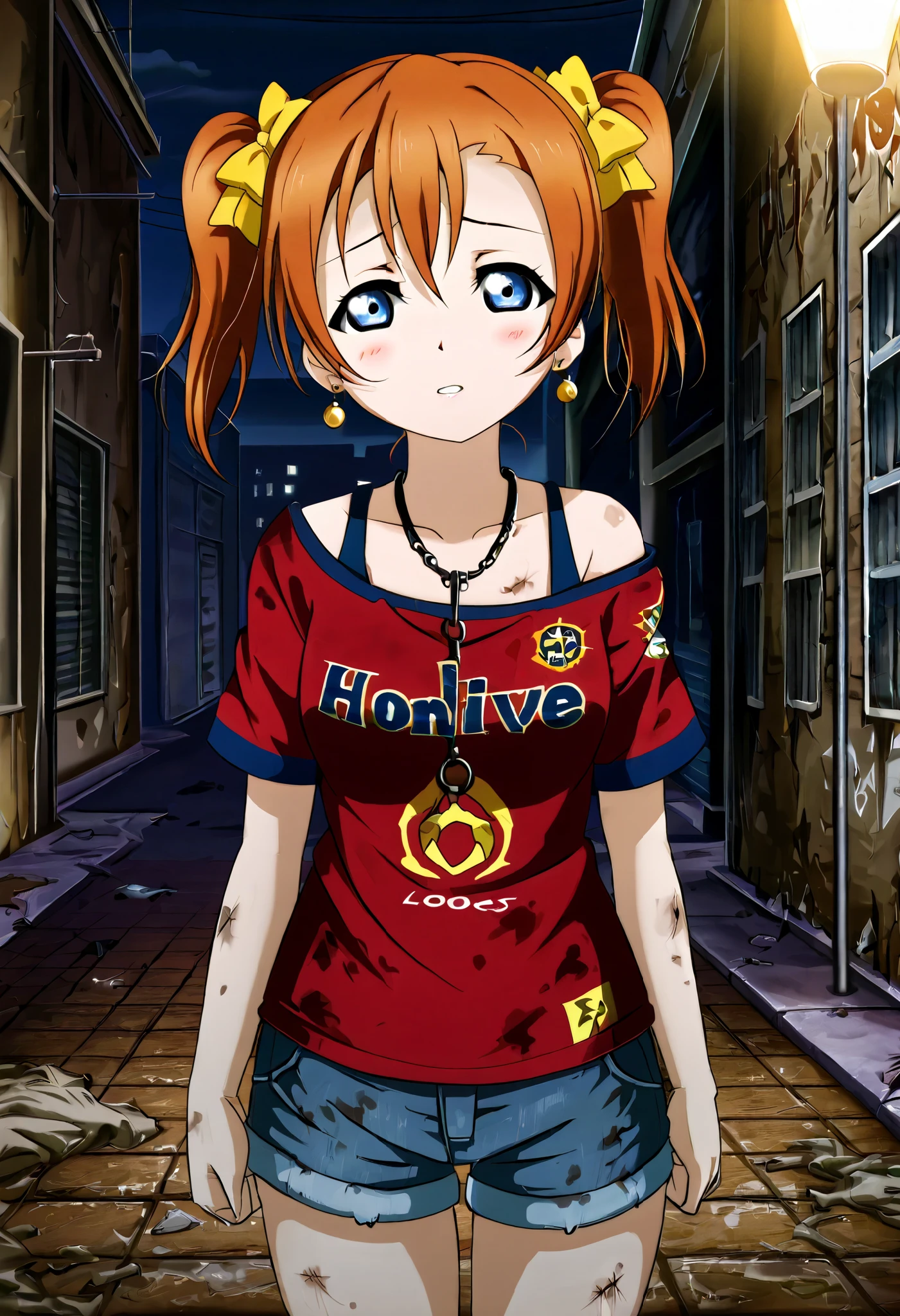 2000's anime style, love live, Kousaka Honoka, love live, blue eyes, orange hair, earrings, homeless girl,baggy soccer shirt,deep necklace, bra straps visible,short old jeans shorts,night,poor street, clothes,twintails, female focus, exposed skin,unease