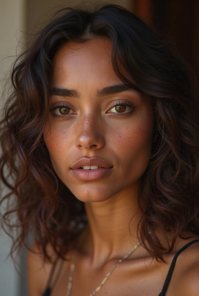 A brown Brazilian woman , 1.64 tall , 78 kilos , Oval face , slightly large mouth and medium lips