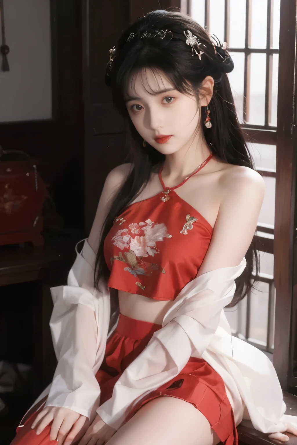 is the best quality, masterpiece, High Aims, 1 girl, Beautiful red Hanfu, Hair ornaments, necklace, ornament, pretty face, When the body, Tyndell effect, Realistic portrait, Dark Studio , Edge lighting, Bicolor Light , (very delicate skin:1.2), 8,000 uhd, digital SLR camera, Soft Light, High quality, Volumetric Lighting, Honest, photo, Hi-res, 4K, 8,000, Bokeh, dark hair,PINK HAIR TIPS, pink eyes.1 girl, skirt, Hair accessories , red skirt, alone, Chinese clothing , long hair, Sitting, now l polish {x} bare shoulders, window, brown hair, OK, interior, dark hair,
