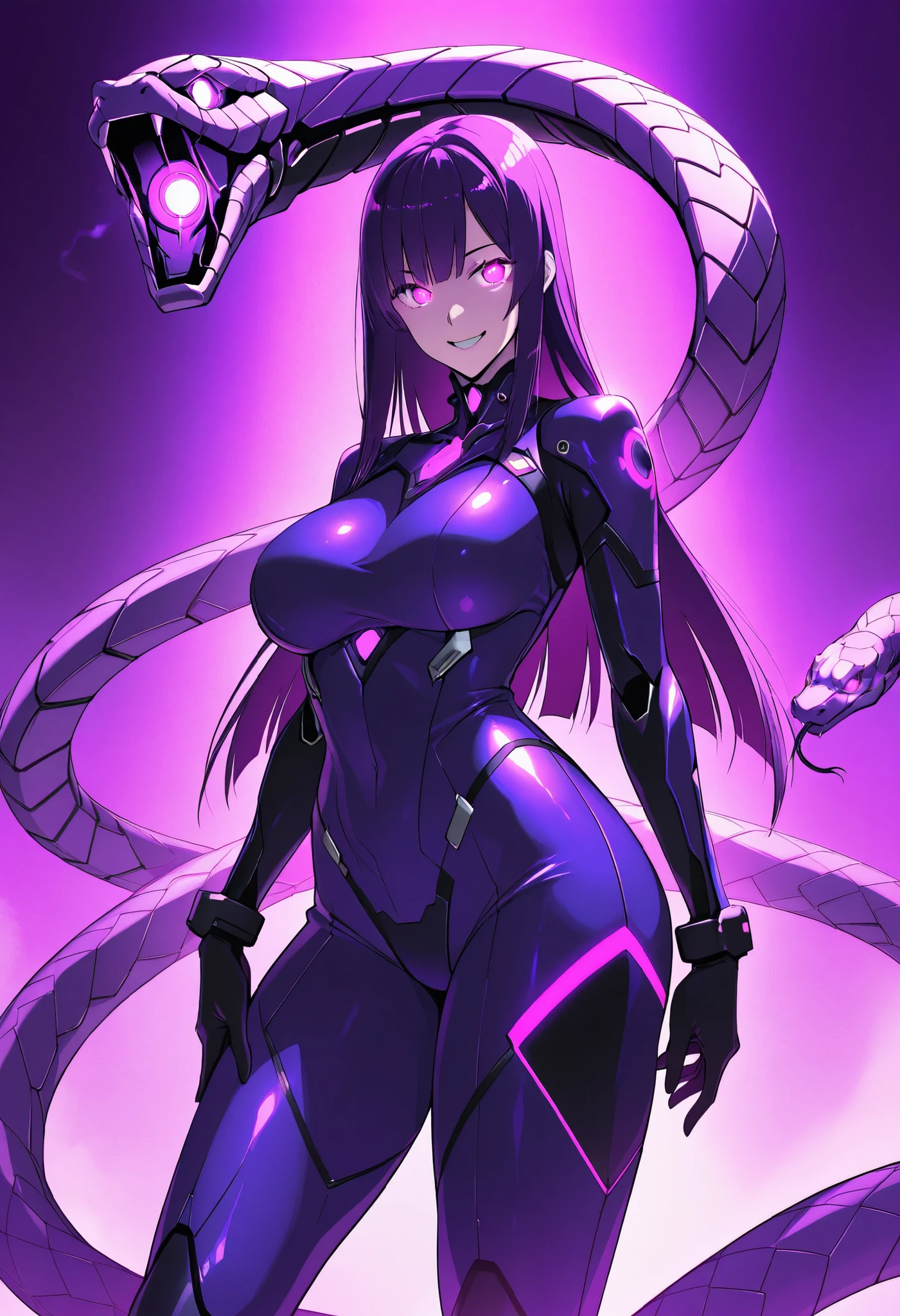 Cartoon photo of woman in white and purple costume, hot insect woman, guyver style, bad smile, scaraber reploid, bellows tail, cel shade adult animation, alien queen,