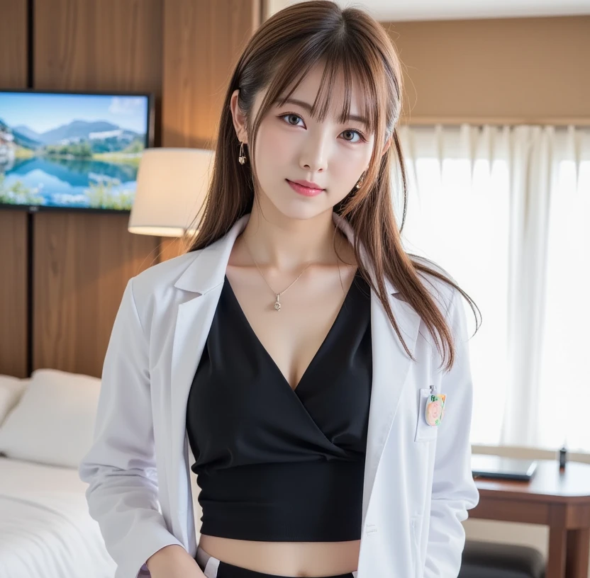 A live-action photo of an extremely beautiful Japanese high school girl race queen who highlights her large breasts and beautiful legs.、Wearing a miniskirt and white lab coat at a photo studio, she takes promotional photos for compensated dating.、She is an eternal idol who combines a clean look with modern charm.。 She creates such beauty。 She feels her own warmth。 She creates a warm atmosphere。 We create beauty。 That's what I want to say。 In her full body photo、The figure features porcelain-like skin and golden hair that radiates a soft glow.。 This is probably、It captured the essence of her timeless charm.、This is the best shot ever.。 Each straight line and curve is carefully expressed.、Breathtakingly beautiful with impeccable detail。 This piece perfectly captures her timeless beauty.。 Divine Proportions、Sharp focus、Full-body photo taken by Kishin Shinoyama、high quality、High resolution、Detailed Background