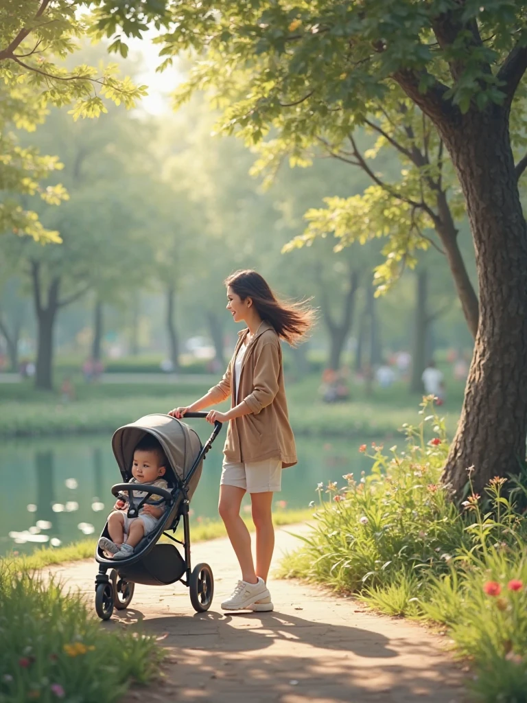 there is a baby sitting in a stroller in a park, at a park, with a park in the background, walking at the park, park in background, 🤬 🤮 💕 🎀, at the park, on a sunny day, tiny girl looking on, in a park, crawling towards the camera, portrait image, on a green hill, sangyeob park