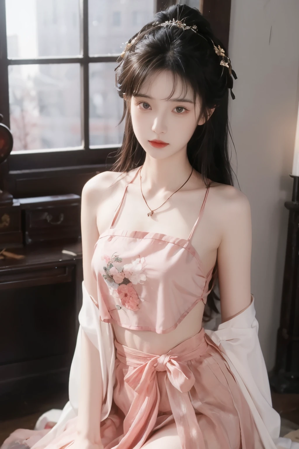 is the best quality, masterpiece, High Aims, 1 girl, Beautiful red Hanfu, Hair ornaments, necklace, ornament, pretty face, When the body, Tyndell effect, Realistic portrait, Dark Studio , Edge lighting, Bicolor Light , (very delicate skin:1.2), 8,000 uhd, digital SLR camera, Soft Light, High quality, Volumetric Lighting, Honest, photo, Hi-res, 4K, 8,000, Bokeh, dark hair,PINK HAIR TIPS, pink eyes.1 girl, skirt, Hair accessories , red skirt, alone, Chinese clothing , long hair, Sitting, now l polish {x} bare shoulders, window, brown hair, OK, interior, dark hair,