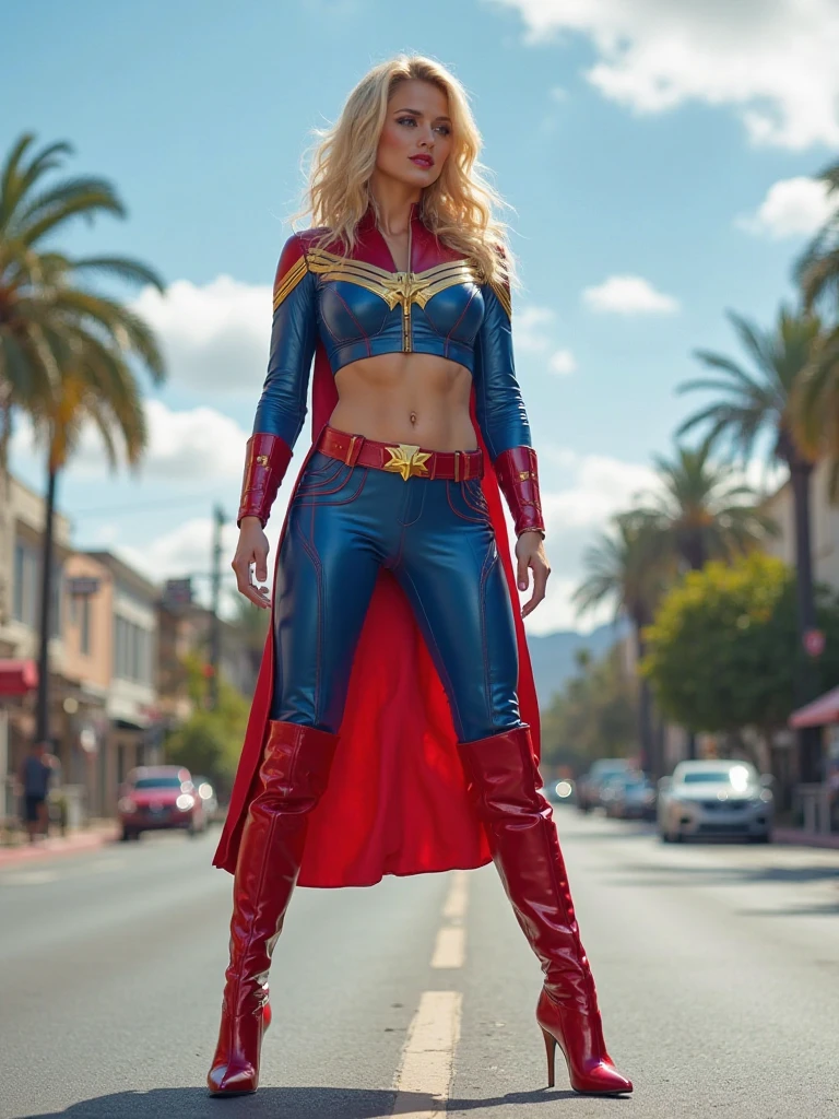 A beautiful woman with long blonde hair under the mantle of the Amazonian warrior Wonder Woman black leather jacket and fuchsia corset and fuchsia leather pants long black knee-high boots Diaema Wonder Woman on her forehead