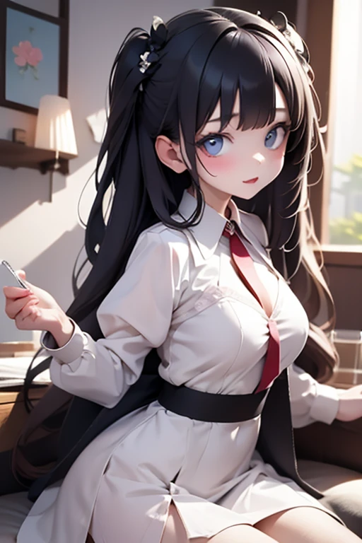 best quality, masterpiece, highres, solo, {taiho_azurlane:1.15}, black_hair, long_hair, red_eyes, bangs, breasts, hair_between_eyes, large_breasts, ahoge, cleavage, very_long_hair, blush, hair_ornament, smile, collarbone, 1girl, black_bowtie, cellphone, collared_shirt, glasses, holding, holding_phone, jacket, looking_at_viewer, official_alternate_costume, phone, red_jacket, school_uniform, shirt, skirt, smartphone, white_shirt, black_bow, black_skirt, bow, open_clothes, round_eyewear, armband, bowtie, long_sleeves, open_jacket, pantyhose, pleated_skirt, black_pantyhose, indoors, off_shoulder