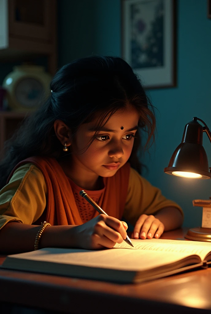Indian girl 5 year old studying hard for her exam in her table with full of books and wall full of stucky notes and the girl wore a comfortable night dress with open hair in her room. height around 3.5 feet. black hair, 16K, ultra high photorealistic, UHD, RAW, DSLR, ultra realistic face, ultra realistic skin, real human, smooth skin, fair complexion, looking straight, looking at her notebook. table also has toys