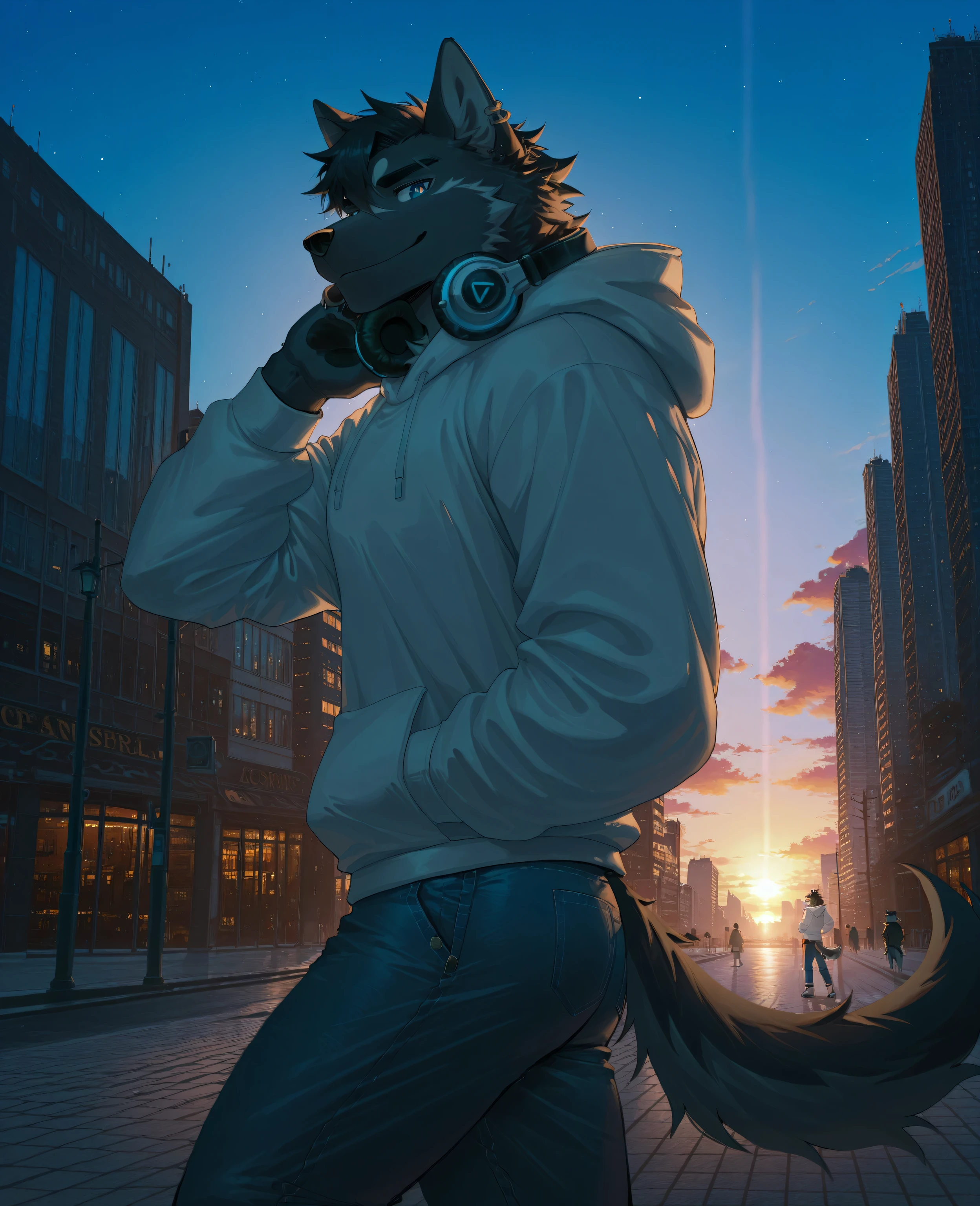 sfw,1boy,solo,male focus,furry male,furry,anthro,(slender muscle:0.2),(dog),(black fur:1.5,two-tone body,),(black hair,short hair),black eyebrow,(detailed eyes,blue eyes,detailed pupils),snout,animal ears,dog ears,dog tail,(muscular:0.6,strong),(out side,on business street,buildings,in city,blue sky),absurdres,standing on sidewalk,cool pose,(causal wear,white hoodie,jeans,headphones_around_neck,earrings on left ear),(peaceful face,smile),absolute_territory,cowboy_shot,from_side,looking_at_viewer,sunset glow,break,masterpiece,highres,amazing quality,best quality,newest,break,((lindong:0.8),(by null-ghost:0.8),huashijw,(asteroid_ill:0.8),(smile \(qd4nsvik\):0.9),(wolftapioca:0.3),(chunie:0.5),cg,highres)),sfw