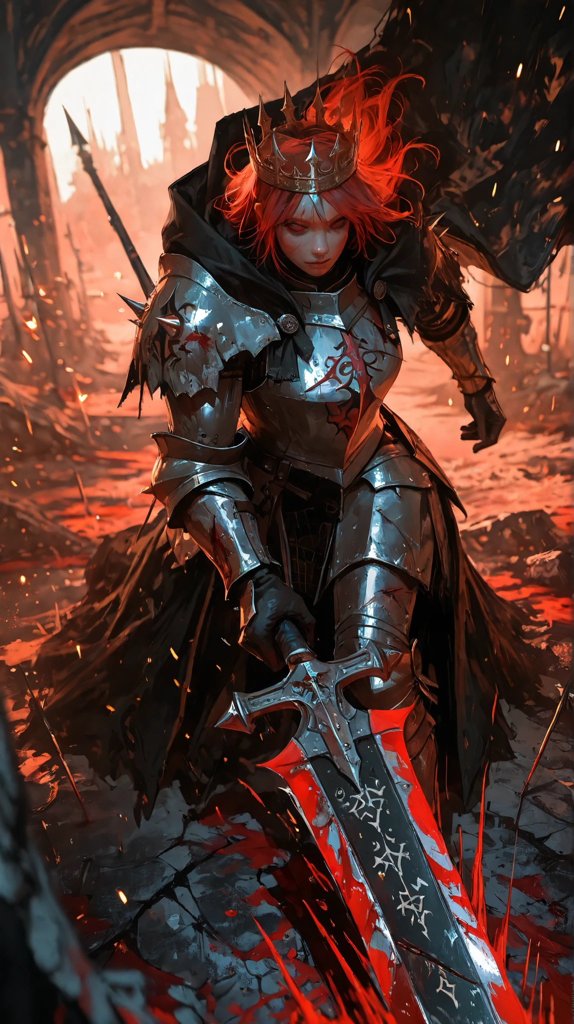(best quality,4k,8k,highres,masterpiece:1.2),ultra-detailed,(realistic,photorealistic,photo-realistic:1.37),muscular female knight,full plate armor with scratches and rust,medieval European style,wielding a long spear,magical glowing runes on armor,eerie atmosphere,oppressive silence,charred landscape,tattered cloak,ornate crown with spikes,smoldering cracks in ground,dynamic blur effect,ultra-wide angle perspective,defined muscular physique,floating embers in air,cinematic volumetric lighting,cold color palette,(hellish landscape:1.3),blood-soaked ground,demonic sigils floating,weathered metal textures,cinematic depth of field,Gothic illumination,dramatic shadows,ambient ash particles,sharp armor edges,subsurface smolder effects,baroque armor engravings,(crimson and obsidian hues:1.1)