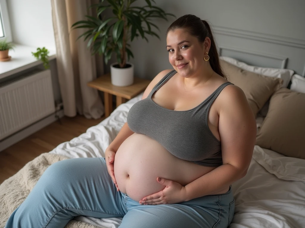 Chubby girl, sitting with one hand on her belly and big butt