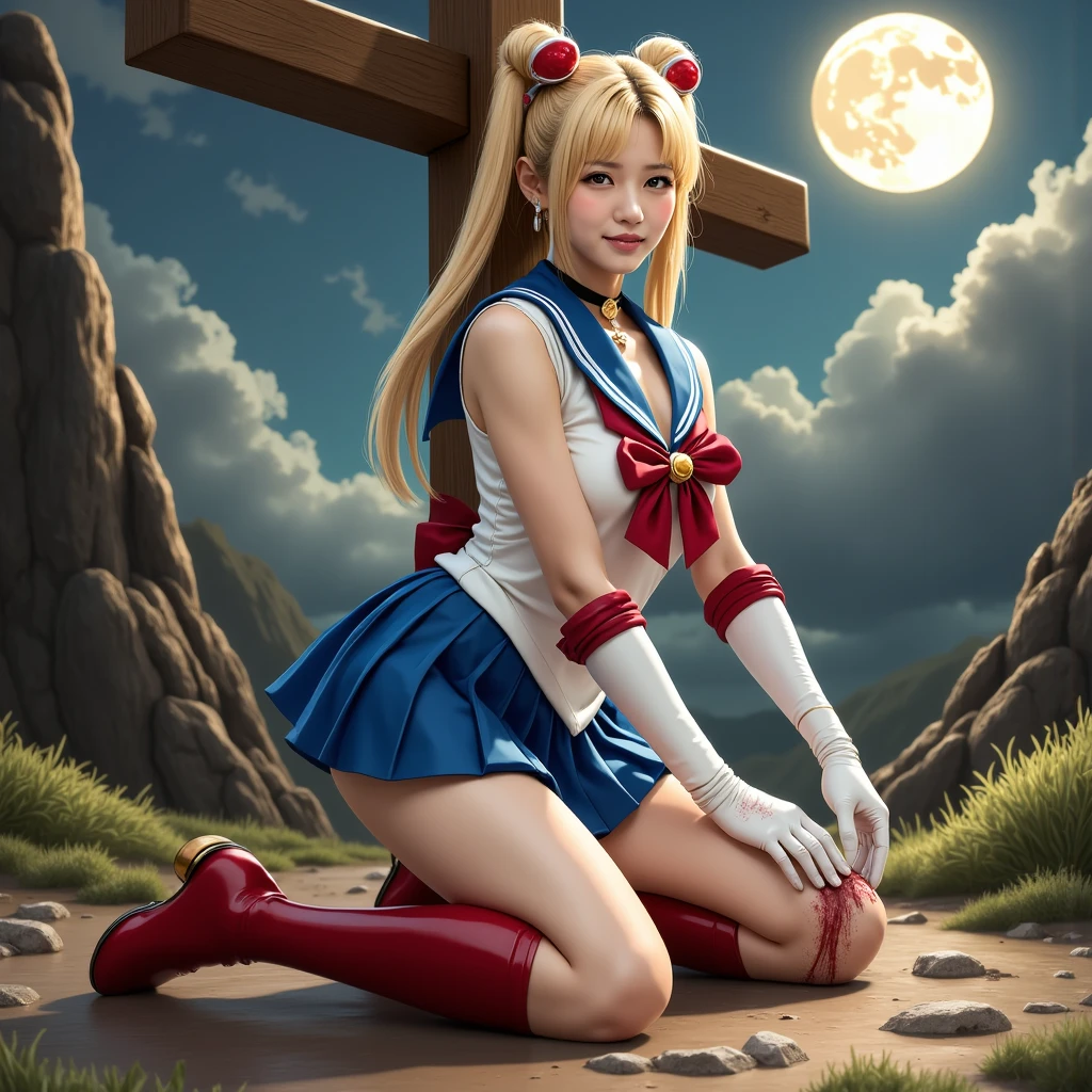 masterpiece, best quality, (1girl), supersailormoon, detailed face, smile, nigh sky, moonlight, moon, sakura trees, white gloves, detailed eyes, detailed face, fullbody, galazy background, gigantic breasts, giga_busty, front view from below