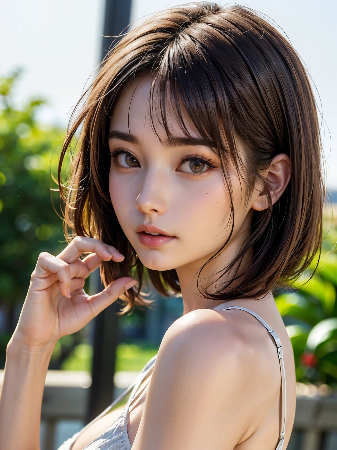 highest quality, masterpiece, Ultra-high resolution, (Realistic:1.4), (Close-up portrait) RAW Photos, 1 girl,20-year-old,((Inside the Shinkansen)),((Wireless Earphones)),((Staring at your smartphone screen)),,((Asian Fashion)),Messy Hair,((Cap Chestnut)),((Bangs short hair)),Realistic,picture media chest)),((Smiling with teeth showing)),((Big smile))