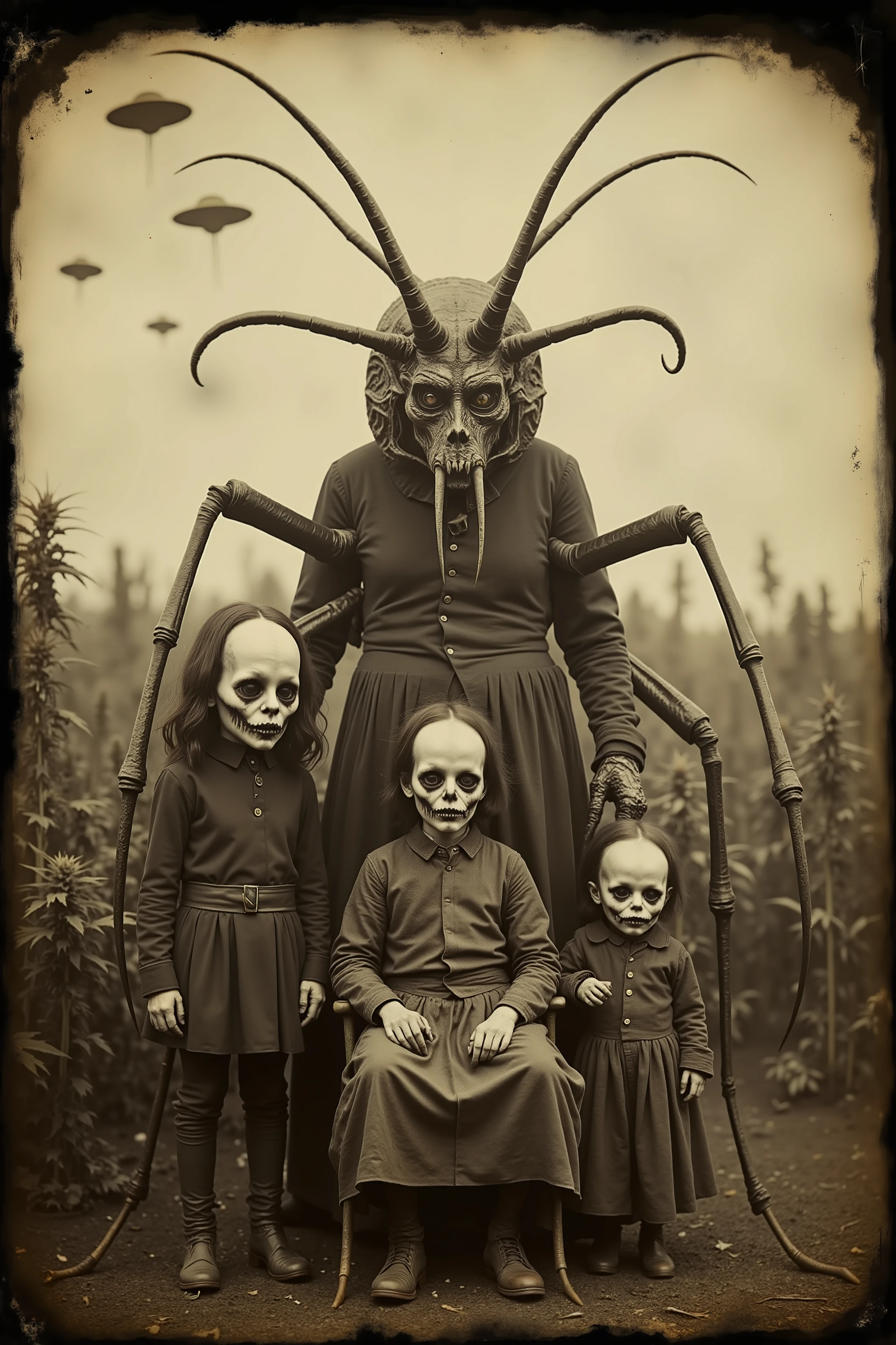 daguerreotype, tintype, bizarre, creepy, weird, detailed surreal scene, outdoors, humanoid family with distorted features, unnatural anatomy, deep set, detailed eyes with dark circles underneath them, skeleton like bodies, sunken cheekbones, strange clothing, a large field of marijuana plants behind them, orbs and UFOs in the sky. Strange, unusual, creepy, spooky, photography.
masterpiece, Starshiptroopers bug is a giant insect, ultra-detailed, realistic, photo-realistic, studio lighting, extreme detail, professional, vivid colors, atmospheric, moody, unsettling, eerie, gothic, dark fantasy, macabre, melancholic, muted colors, cold tones, film grain, brown and yellowed with age photo, cracked damaged photo.