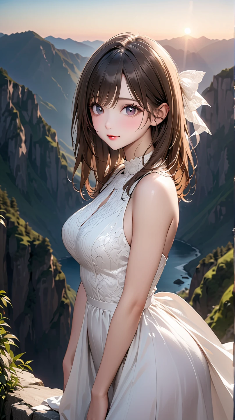 Kizi,dynamic angle,Clouds and mountains,Flower field in the foreground,white dresses,Light tracing,Floating colorful wind,realisticlying,offcial art,Unity 8k壁纸,ultra - detailed,Beautiful and beautiful,tmasterpiece,best qualityer,Glowing skin,cinmatic lighting,Light smile,delicated