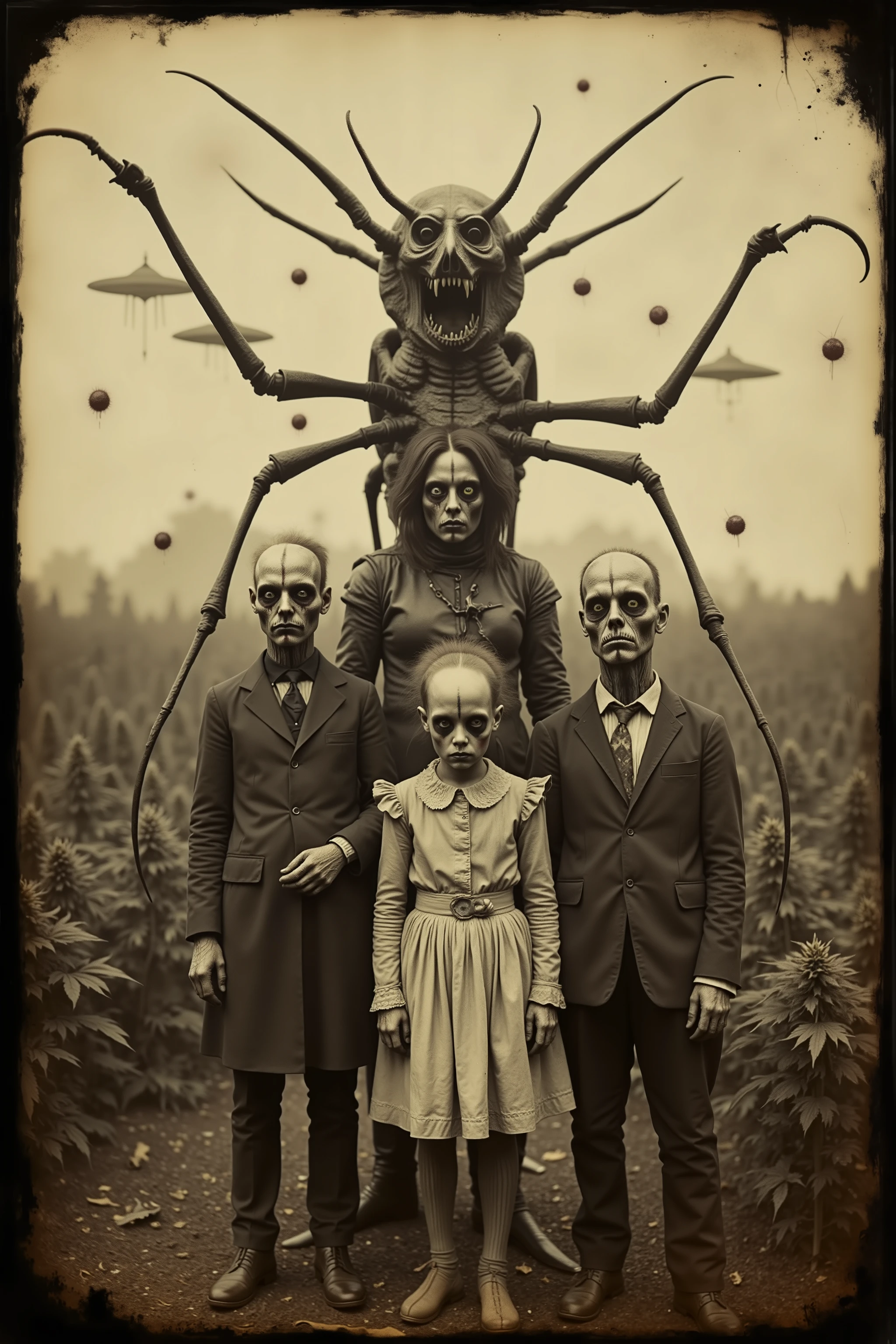daguerreotype, tintype, bizarre, creepy, weird, detailed surreal scene, outdoors, humanoid family with distorted features, unnatural anatomy, deep set, detailed eyes with dark circles underneath them, skeleton like bodies, sunken cheekbones, strange clothing, a large field of marijuana plants behind them, orbs and UFOs in the sky. Strange, unusual, creepy, spooky, photography.
masterpiece, Starshiptroopers bug is a giant insect, ultra-detailed, realistic, photo-realistic, studio lighting, extreme detail, professional, vivid colors, atmospheric, moody, unsettling, eerie, gothic, dark fantasy, macabre, melancholic, muted colors, cold tones, film grain, brown and yellowed with age photo, cracked damaged photo.