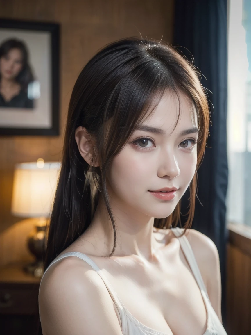 ((Top quality, 8K, Masterpiece: 1.3)), Beautiful girl, Pure, Melon face, Kind and cute, Sweet smile, Pure desire, Slender body, (Front), (Tilted head), ((Looking at camera) ), Wearing a casual suit, medium hair, long flowing shoulders, round black big eyes, clear big eyes, moist red lips, sweet, standing, hotel lounge background, (((waist shot))) ,