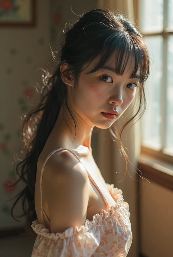 moa kikuchi, 1girl, solo, realistic,:1.6， （tmasterpiece， Nice people，），detailed skin textures， Beautifully detailed face， double eyelid，faint smile, masterpiece, full body, (best quality, detailed details, masterpiece, official art, movie lighting effects, 4K),(cinematic angle: 1.2), (1 girl, nightgown dress), twin braids