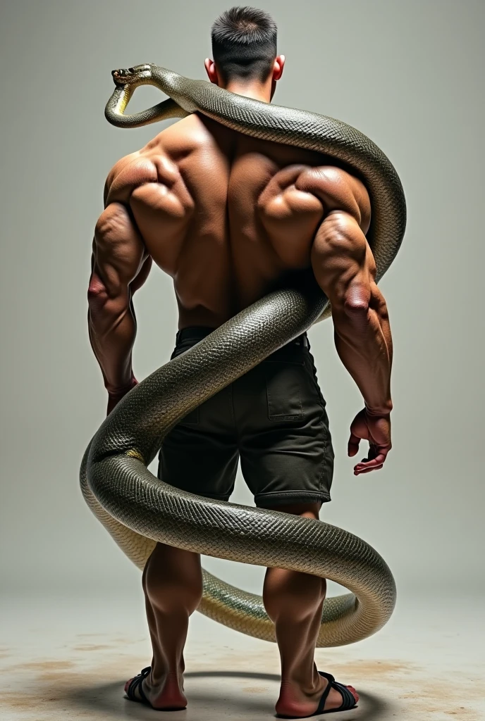 male torso, shirtless, fit, arms crossed, facing down, snake tails on head, photorealistic