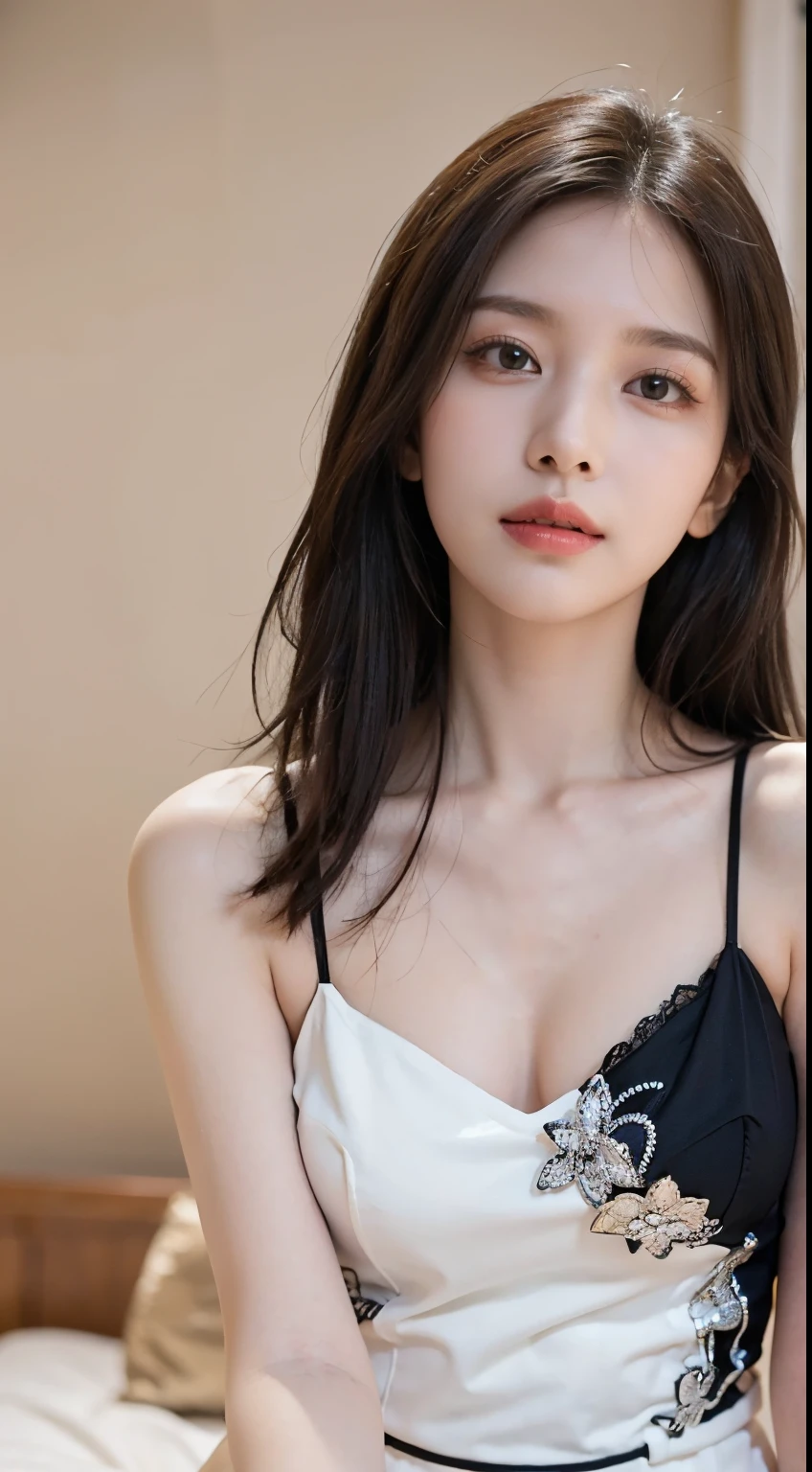 (Raw photo, Best Quality), (Realistic, Photo realistic:1.3), forward-facing, symmetrical pose, Masterpiece, Top quality, one beautiful girl, age 25 years old, half smile, maid costume,  looking at viewer, standing, ((shot from front)), 35mm lens, f/1, (gray background: 1.3), flat chest,  upper body, alone, one girl, beautiful maid, radiant skin, hoop earrings, glamorous, shoulder length hair, maid uniform, shallow depth of field, facing forward, portrait, soft light