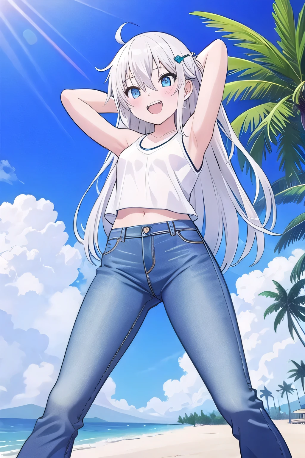 masterpiece,best quality,ultra detail, ((Perfect Face, Perfect Arms, Perfect hands, Perfect Fingers)), 1girl, , peti ((round face, ecstasy, orgasm face, drooping eyes, shame smiling, blush)), dropping eyes, sleepy, Open mouth, ((White teeth)), background((under the beach, (day:1.2), palm tree, bright sky)), miku hatsune, ahoge, aqua eyes, (white hair:1.4), crossed bangs, hair between eyes, hair ornament, (long hair:1.4), (messy hair:1.7), ((arms behind head, hands behind head, fingers behind head)), ((contrapposto)), spread armpits, looking at viewer,, (white tank top:1.2), (white crop top:1.2), (jeans pants:1.2, flares jeans:1.2, skinny jeans:1.2, blue jeans:1.2), standing, (legs spread:1.4), sex pose, Sweaty crotch, Steam from the crotch, from below, whole body