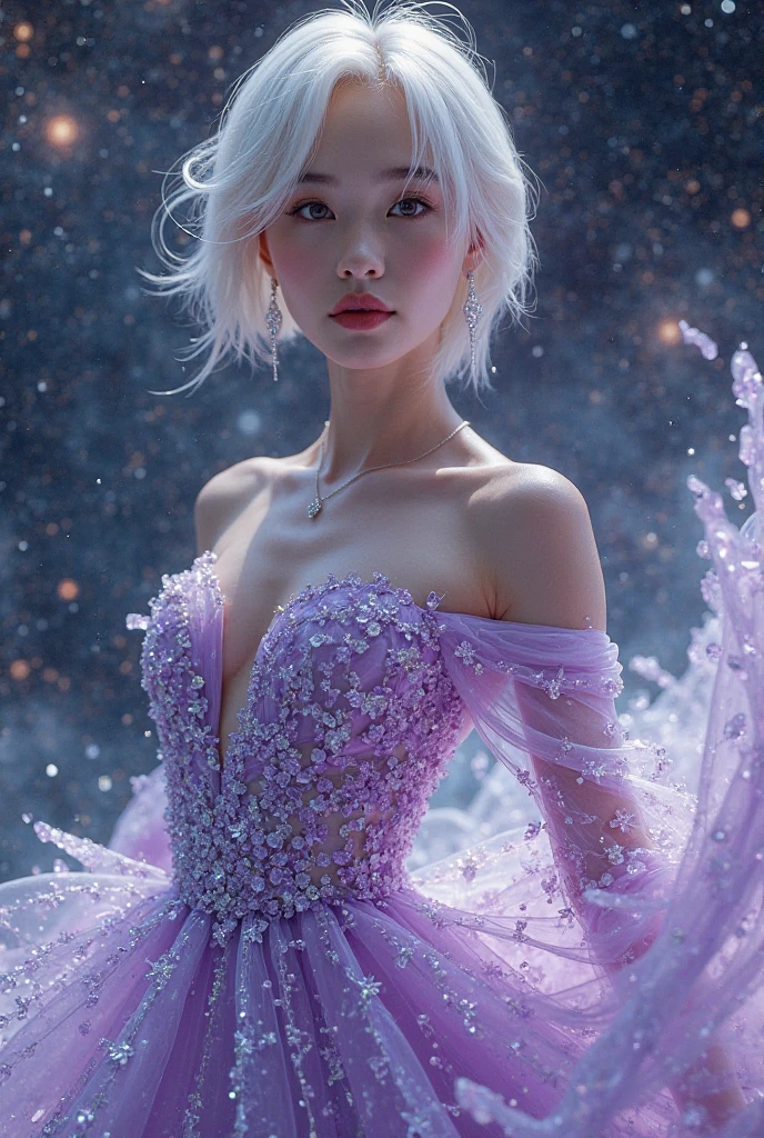 a woman in a sheer dress is posing for a picture in a building with a light shining on her body, Charlie Bowater, highly detailed digital painting, a photorealistic painting, figurative art, 2 girl with fabulously beautiful smile and kind eyes, light on face, light transparent fabric with many folds. view from above. Fashion magazines, m vogue photo style. candy cotton clouds, stars, enchanting, beautiful face, big detailed eyes, sparkling, glittering, glowing elements, bio-luminescent, stylized, artistic, surreal, magic, hyperdetailed, beautiful details, tiny detailed, iluminism and iridescence scales