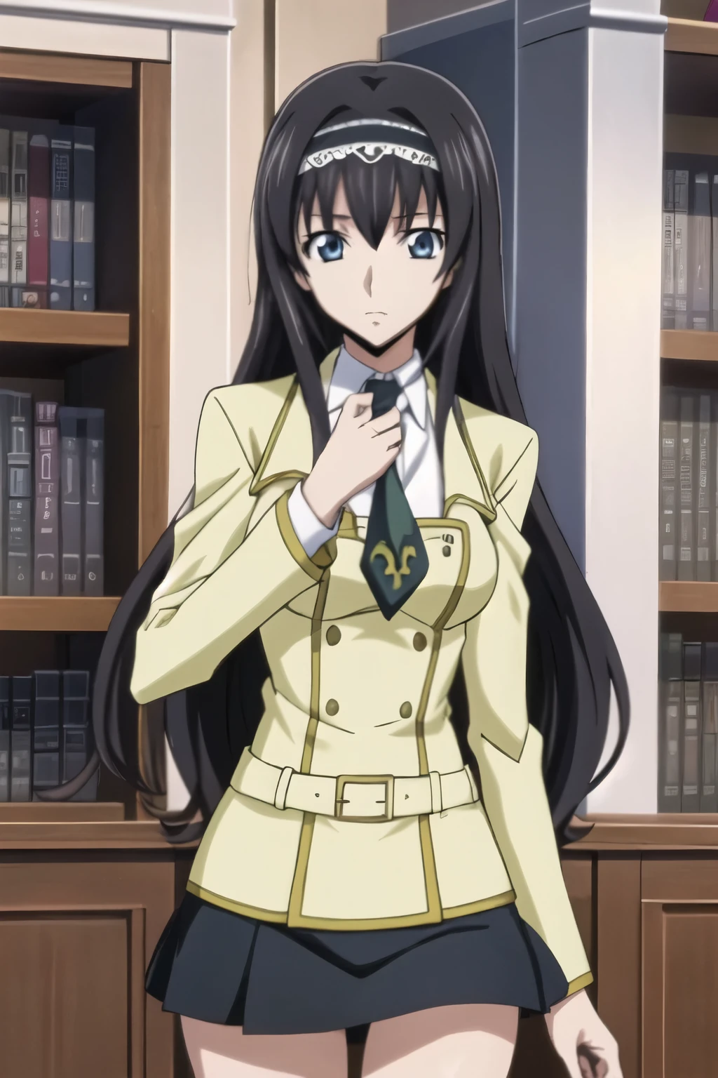 from side, girl, beautiful eyes, black hair, long hair, hair band, anime screen cap, (((reading book at school library))), school uniform, skirt, shirt, skirt lift, panties, accidental exposure, looking at viewer, (Anime style, masterpiece, best quality , High Resolution , anime color , Anime style, sharp, 8k, realistic), beautiful eyes, digital animation art!!, anime style, Official Artwork , visual novel CG,