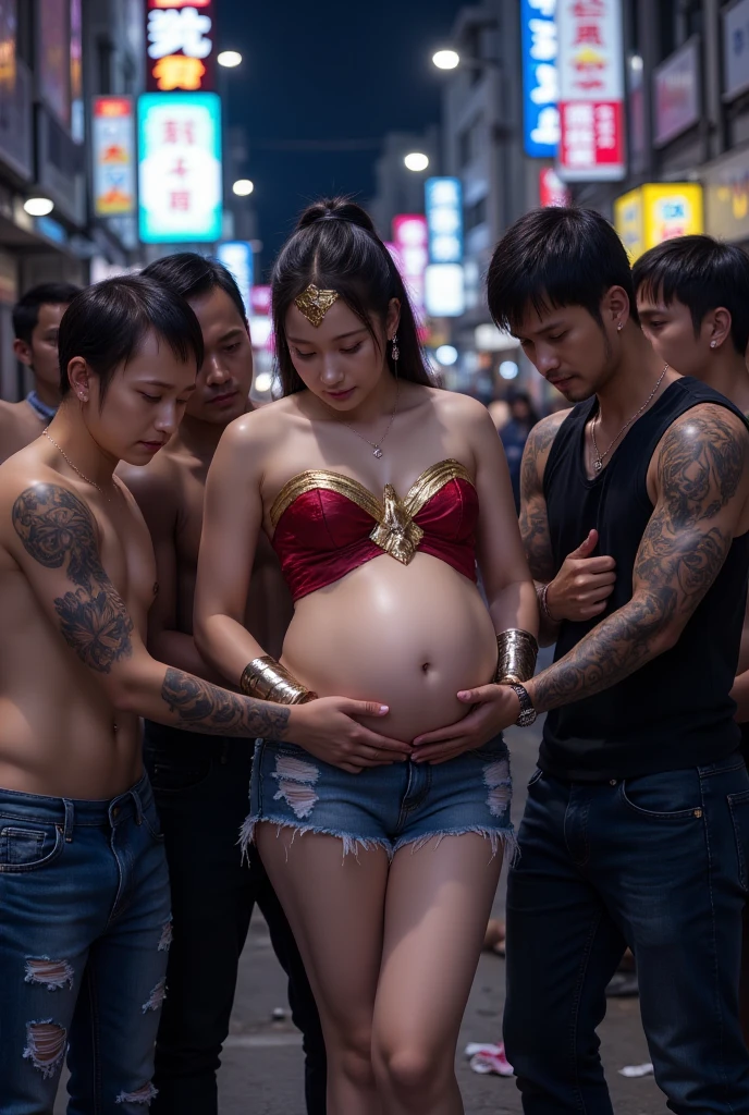 From the back,(screaming face、suffering face、open your mouth、Big eyes、long brown hair,(masterpiece)、super detailed、(highest quality:1.0)、( (NSFW))、 skirt、that woman is wonder woman、perfect wonder woman costume,wonder woman and man、Upper body,amusement park,being hugged by a fat man,assaulted by a fat man、being hugged by a fat man,being hugged by a fat man,being squeezed by a fat man