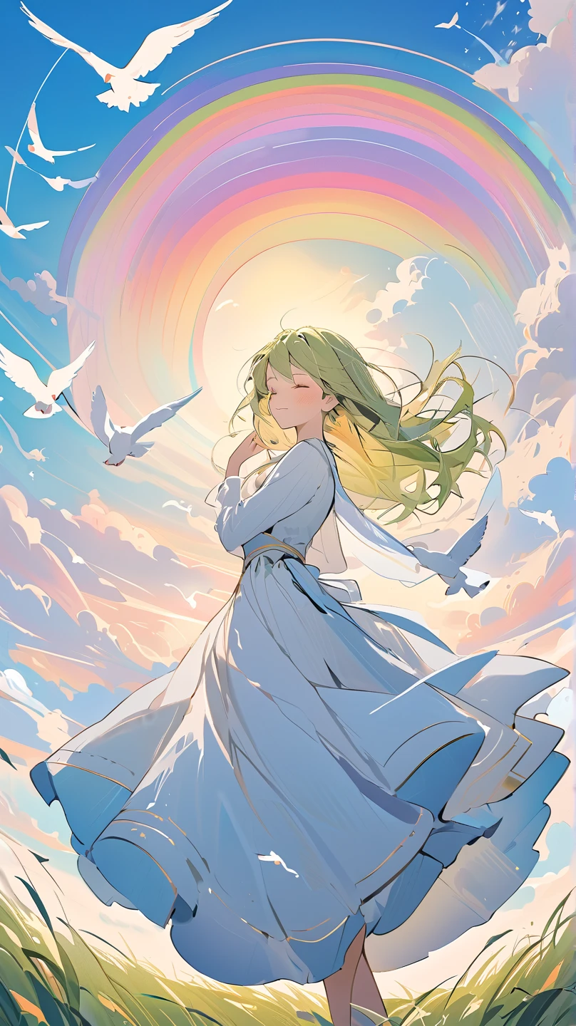 In a vast grassland bathed in gentle light, a beautiful woman quietly closes her eyes and smiles gently. Her expression is full of peace and hope, as if she is imagining a world without conflict or hatred. With each breeze, her long hair dances gently and her pure white dress sways softly.

Behind her, a fantastic sky spreads out, and soft clouds shine with rainbow colors. On the distant horizon, various people stand in a circle holding hands as a symbol of peace. Countless white doves flutter in the sky, carrying a message of love and harmony.

In her palm, a small earth floats, with no borders or conflicts, just beautiful blues and greens. From her fingertips, as if playing music, rainbow-colored light softly radiates and spreads to embrace the entire world.

Beautiful illustration, ((Close-up of a woman's face x 10))